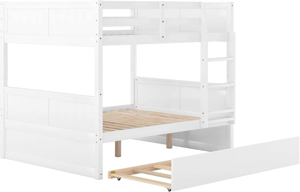 Full Over Full Bunk Bed with Trundle, Wooden Trundle Bed Frame with Ladder Safety Guardrail, Convertible to 2 Platform Beds for Kids Teens, White
