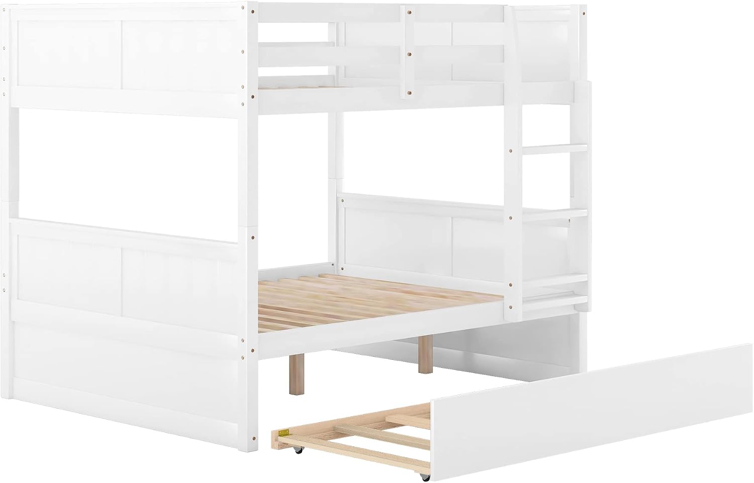 Full Over Full Bunk Bed with Trundle, Wooden Trundle Bed Frame with Ladder Safety Guardrail, Convertible to 2 Platform Beds for Kids Teens, White