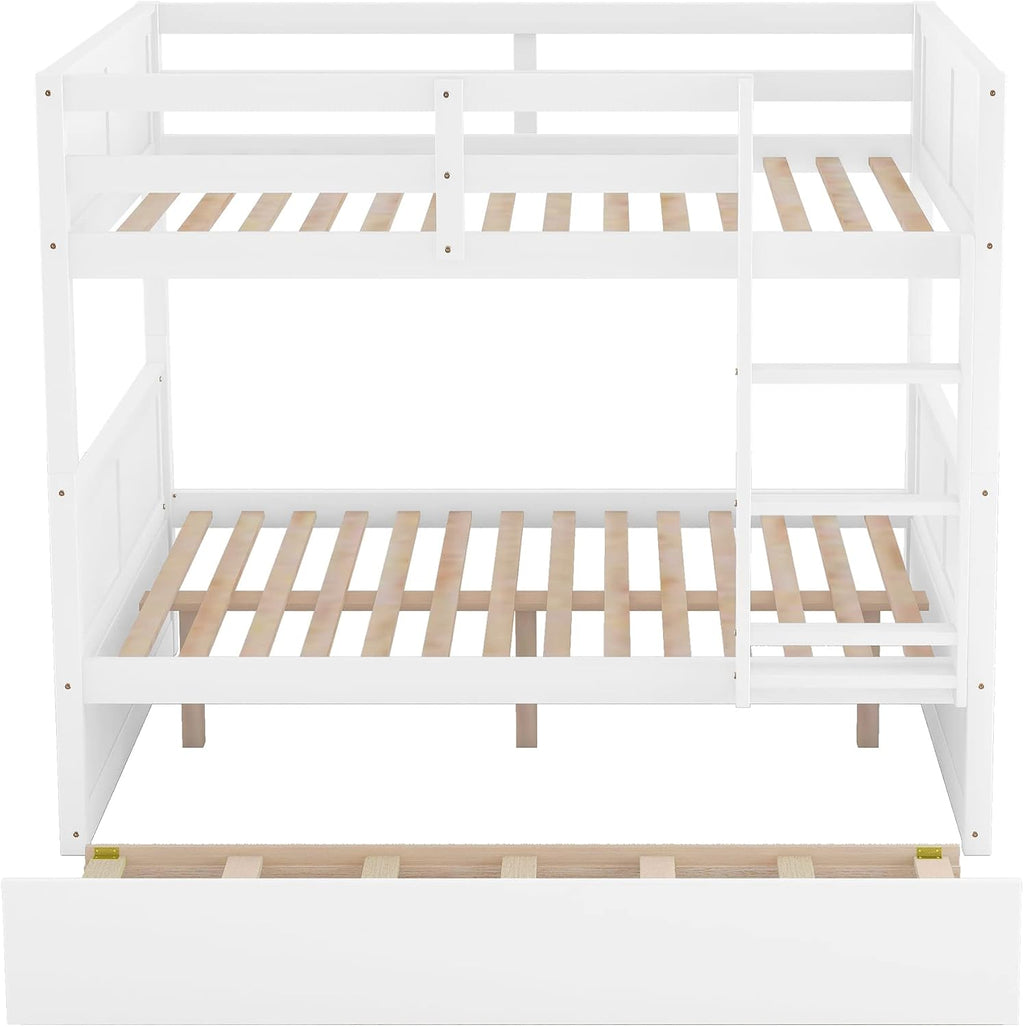 Full Over Full Bunk Bed with Trundle, Wooden Trundle Bed Frame with Ladder Safety Guardrail, Convertible to 2 Platform Beds for Kids Teens, White