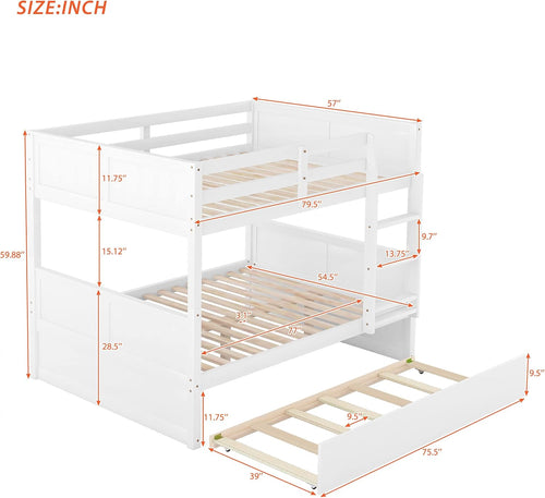 Full Over Full Bunk Bed with Trundle, Wooden Trundle Bed Frame with Ladder Safety Guardrail, Convertible to 2 Platform Beds for Kids Teens, White