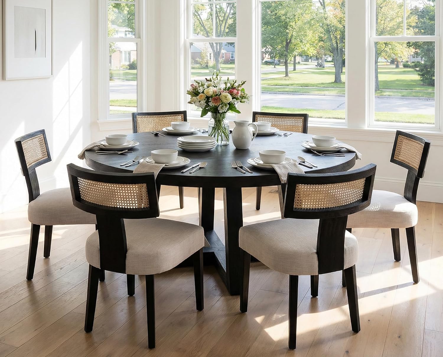 Rattan Dining Chairs Set of 6, Modern Dining Chair Kitchen Dining Room Chair, Curved Cane Back Upholstered Linen Fabric Dining Chair with Black Wood Frame, Beige