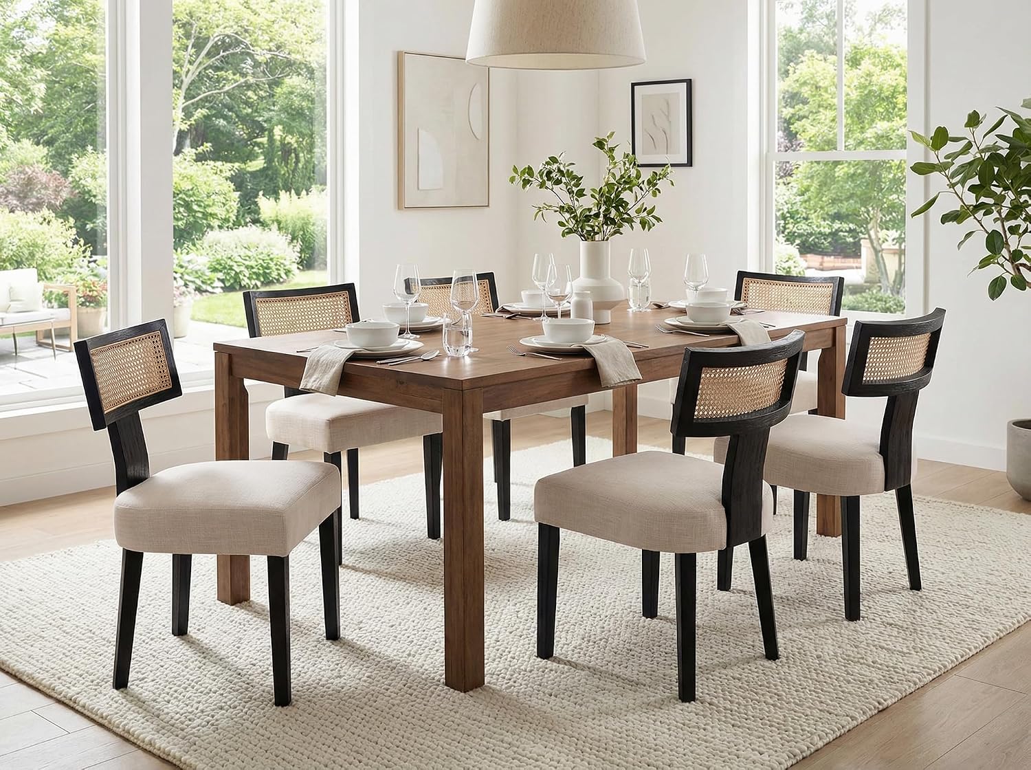 Rattan Dining Chairs Set of 6, Modern Dining Chair Kitchen Dining Room Chair, Curved Cane Back Upholstered Linen Fabric Dining Chair with Black Wood Frame, Beige