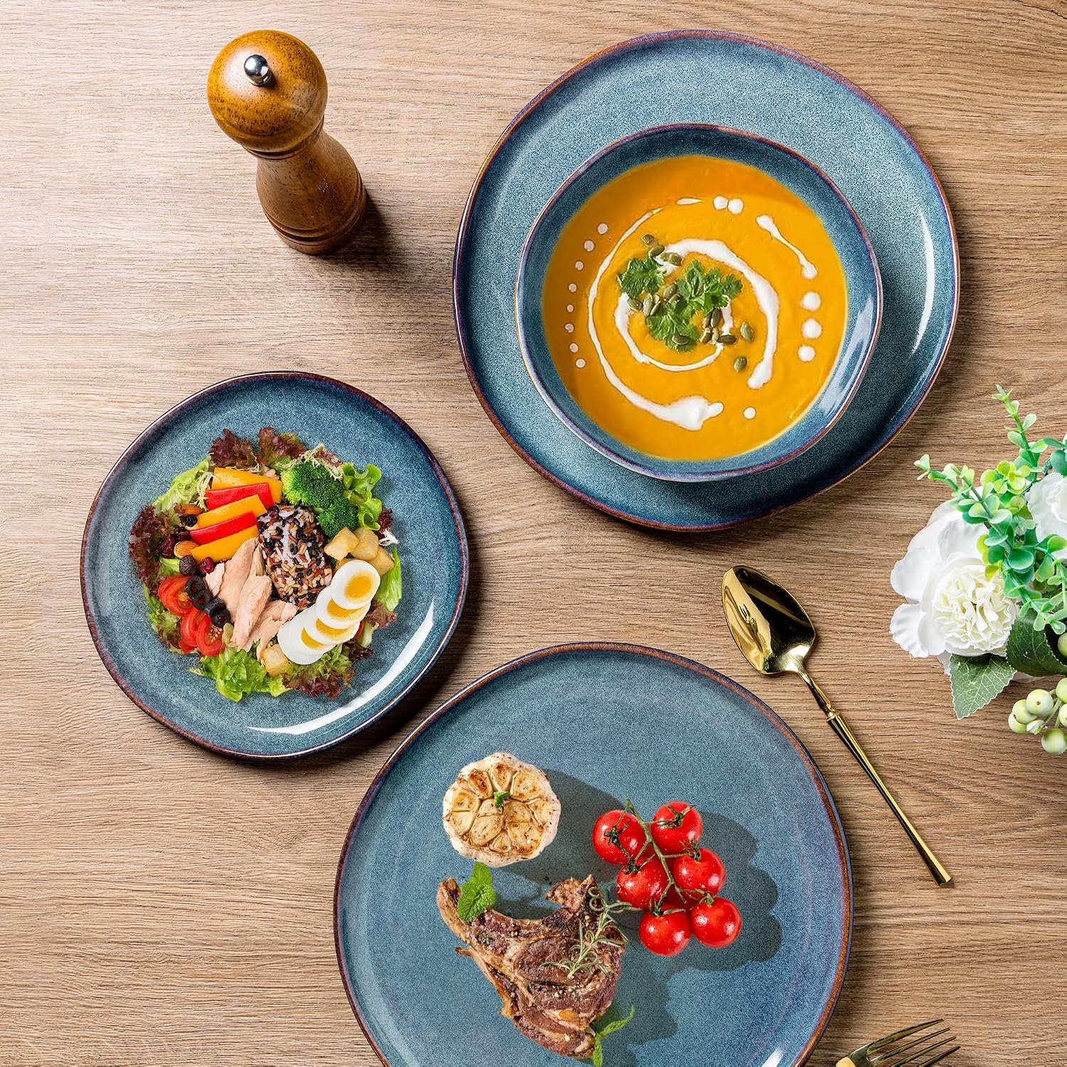 Ceramic Dinnerware Sets,Handmade Reactive Glaze Stoneware Plates and Bowls Sets,Highly Scratch Resistant | Dishwasher & Microwave Safe Dishes Set,Service for 4 (12pc)